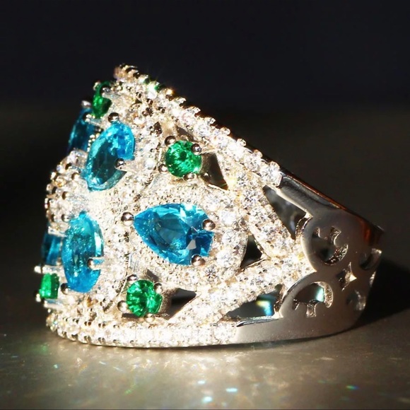 925 Silver Blue Green Zircon Statement Ring - Picture 5 of 8